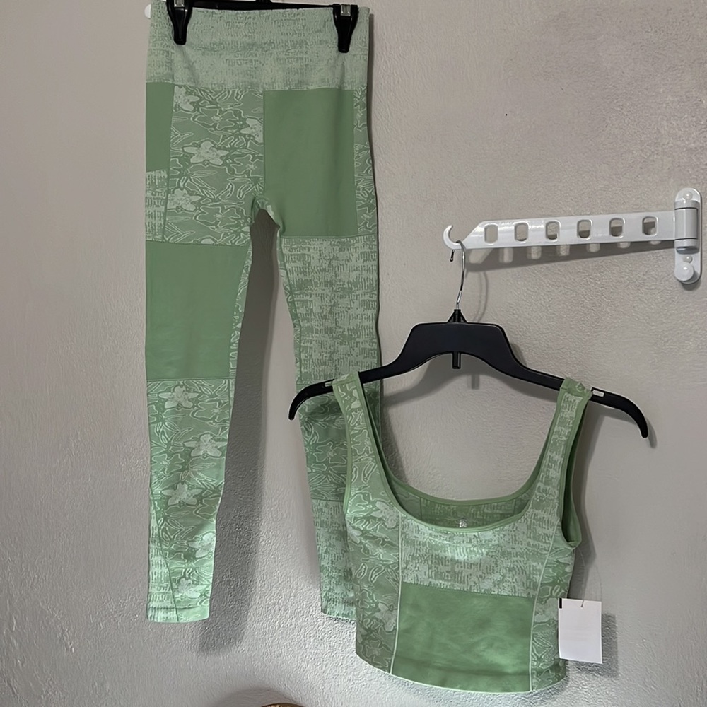 New Free People Movement Leggings Crop Top Set Green Patchwork Size XS/S